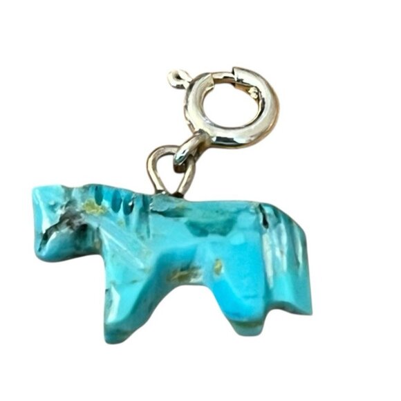 Solid Turquoise Horse Fetish Charm or Pendant Sterling Silver Spring Ring Native - Picture 1 of 5